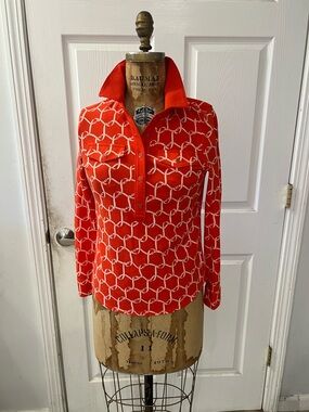 Talbots Red Geometric Long-Sleeve Polo Top